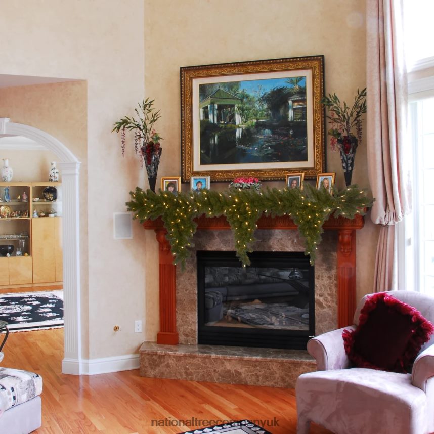 Greenery | National Tree Company Pre-Lit Artificial Christmas Teardrop Garland Green Downswept Douglas Fir White Lights Plug In Christmas Collection 9 Feet F2L4F485